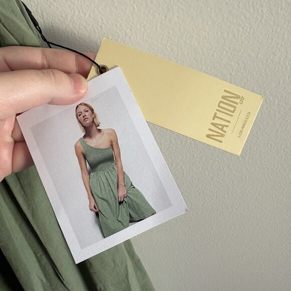 Nation LTD Women XS Green Pima Cotton Connie One Shoulder Smocked Midi Dress NWT - Picture 11 of 14